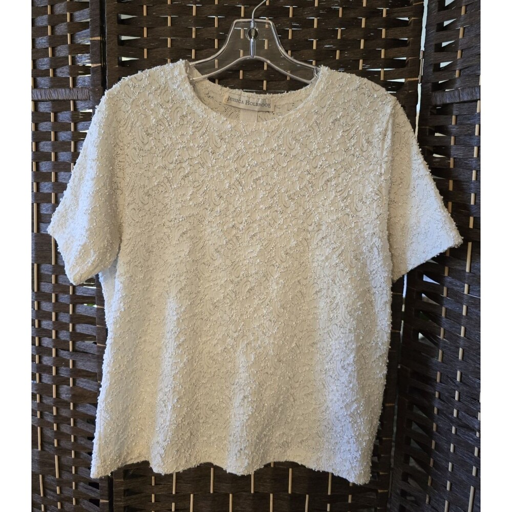 Jessica Holbrook Cream Lace Knit Textured Top USA Made Womens L Cottagecore VTG